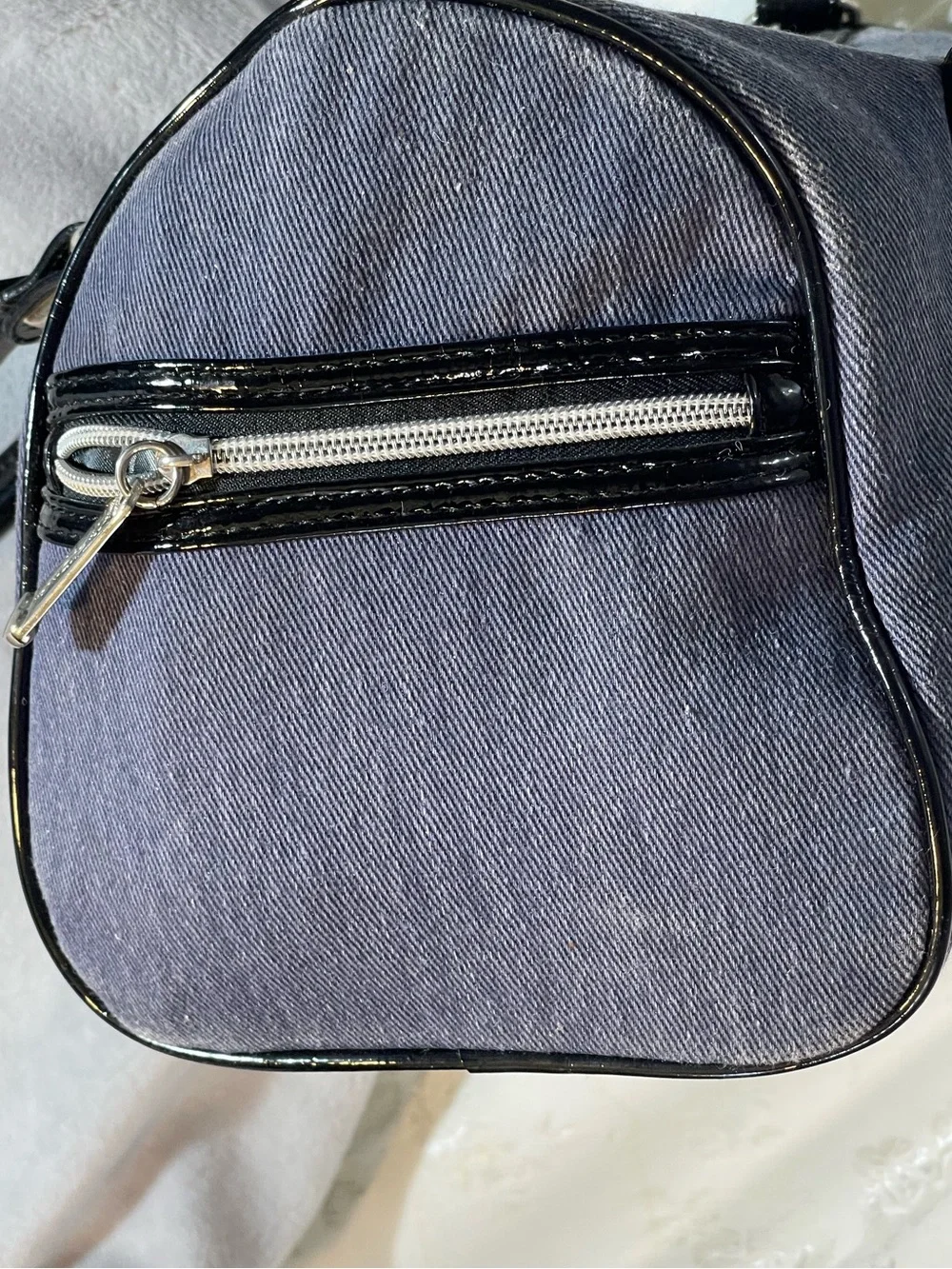 BetseyJohnson Studded Denim Barrel Bag with Patent Trim